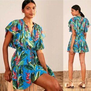 Farm Rio Dress Dream Garden Mini Ruffle Beaded Tassel Swiss-Dot Blue Size S